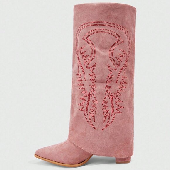 Pink Western Women's Pointed Toe Tall Chunky Heel Suede Fringe Boots - Picture 2 of 3
